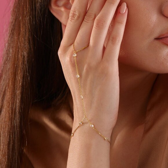 925 Sterling Silver - Personalized 14K Gold Hand Chain,Jewelry,Slave Bracelet - Picture 2 of 4